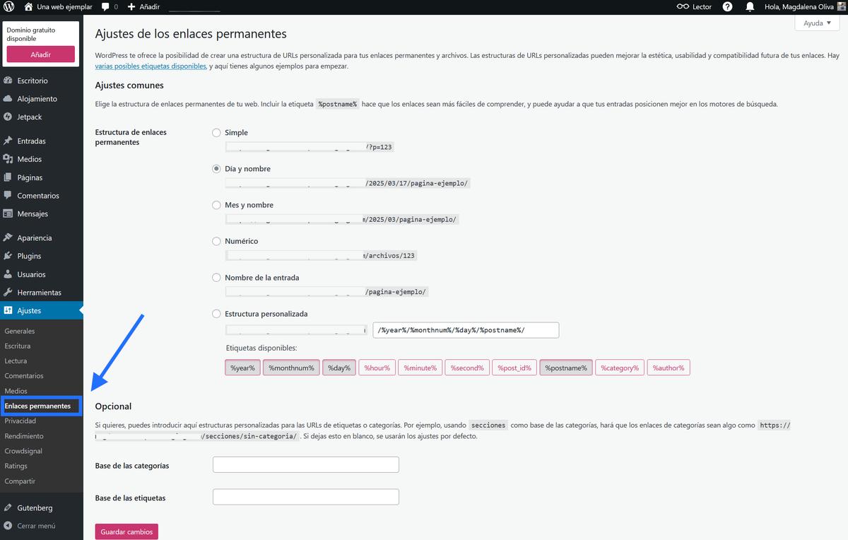 Los ajustes de los enlaces permanentes de WordPress.