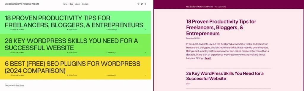 Dos páginas web en paralelo con contenido sobre productividad con dos temas diferentes.