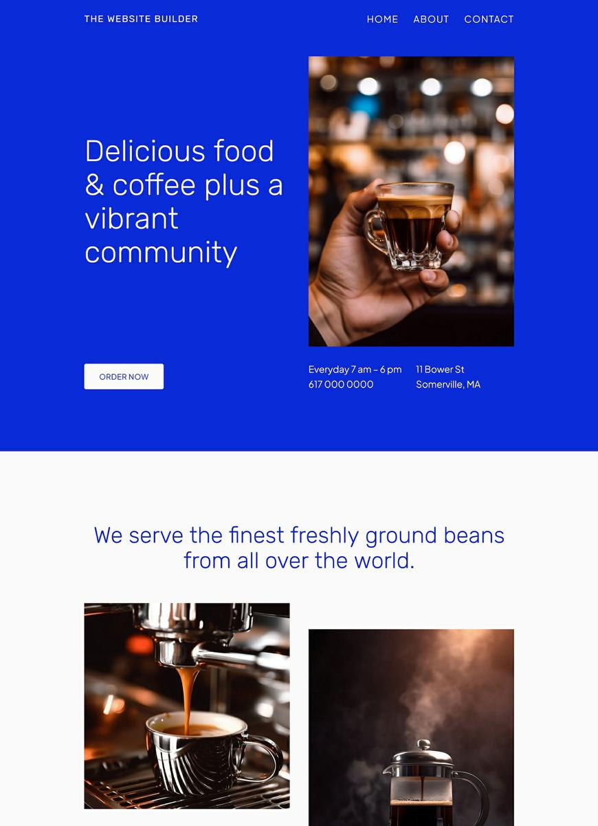 Captura de pantalla de la web de una cafetería en colores azul y blanco.