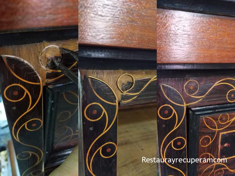 marcado con compás de puntas para la reintegración del fileteado de boj