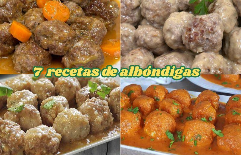 Imagen de un plato variado con albóndigas en diferentes salsas, representando recetas clásicas, italianas, suecas, de pollo, turcas, al horno y vegetarianas. 