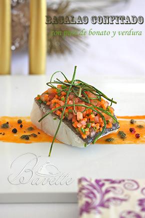 Bacalao confitado. con puré de boniato y verduras