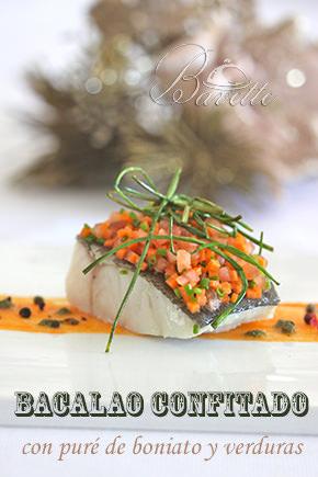 Bacalao confitado, con puré de boniato y verduras