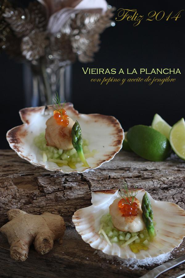 Vieiras con pepino, aceite de jengibre y lima