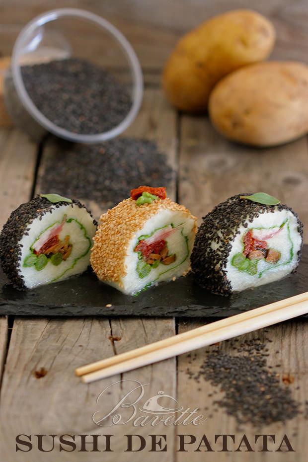 Sushi de patata con setas, tomate seco y espárrgos verdes