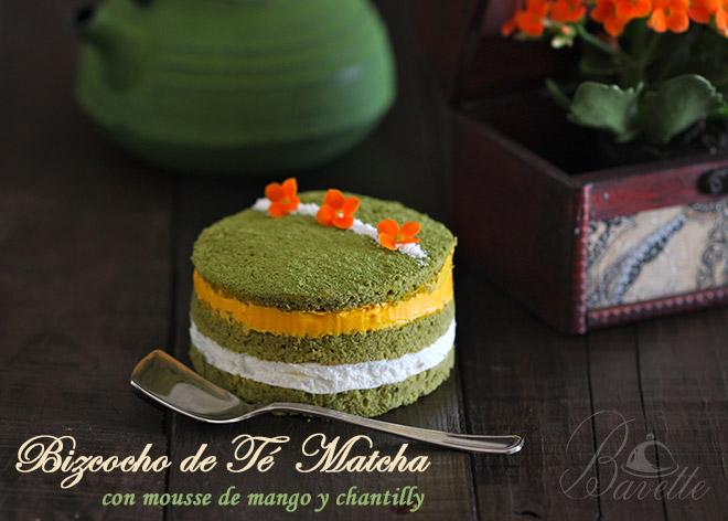 Bizcocho de te matcha con mousse de mango