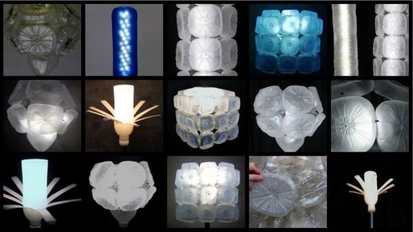 lámparas realizadas con botellas recicladas y pie de lámpara con un palo de escoba