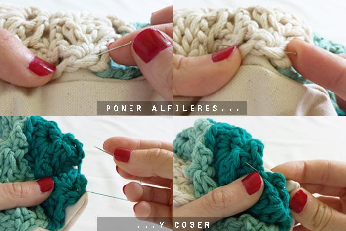 poner alfileres y coser la pieza al bolso