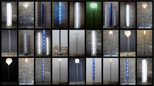 lámparas realizadas con botellas recicladas y pie de lámpara con un palo de escoba