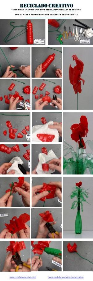 Cómo realizar una flor roja parecida a una orquídea reciclando una botella de plástico - How to make a red flower (orchid) recycling a plastic bottle