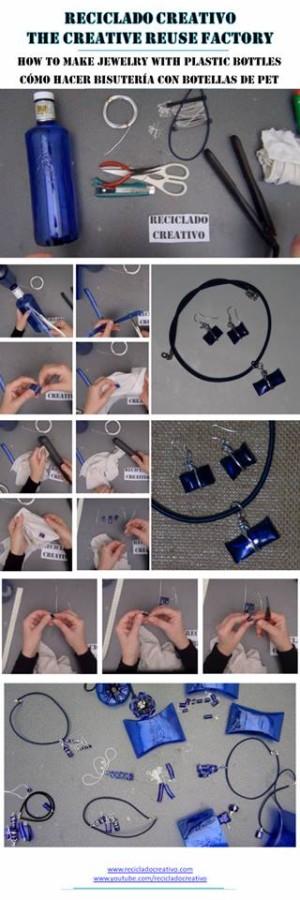 sutería realizada con botellas de plástico azul y alambre de aluminio