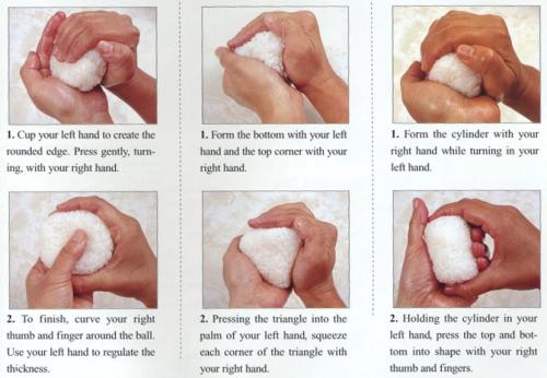 Haciendo los Onigiri con la mano.