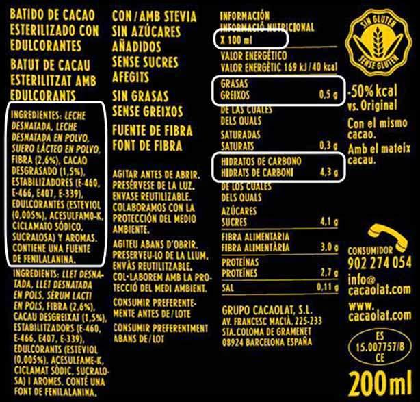 Cacaolat 0% apto Dukan desde fase Ataque: Ingredientes y Valores Nutricionales