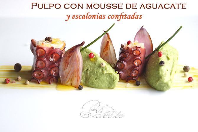 Pulpo con mousse de aguacate y escalonias confitadas