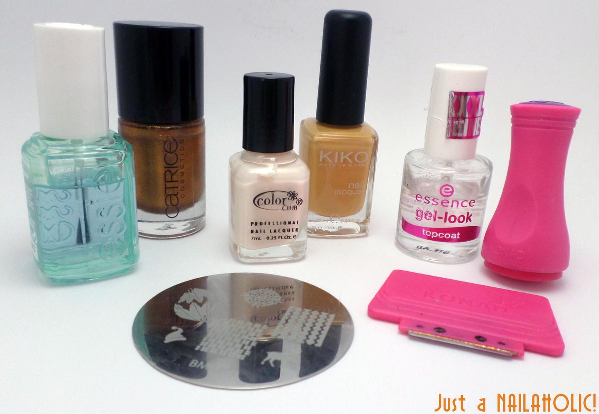 All in one base (Essie), 910 Oh my Goldness! (Catrice), 6023 Mod in Manhattan (Color Club), Gel-look top coat (Essence), BM-214 (Bundle Monster), Stamp & Scraper set II (Konad)