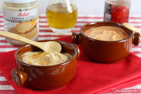 Hummus básico y con piquillos y romero