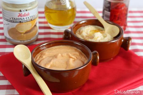 Hummus básico y con piquillos y romero