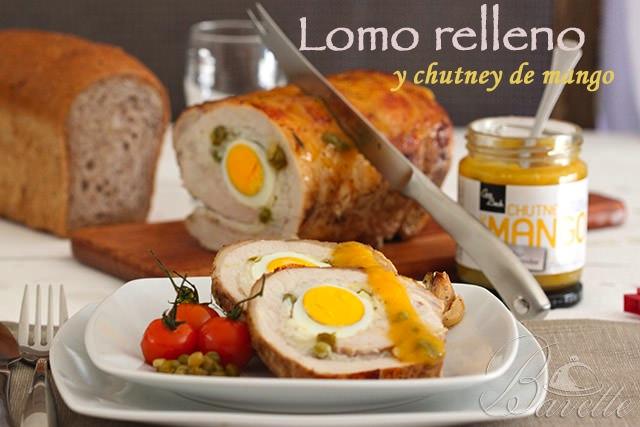 Lomo de cerdo asado relleno y chutney de mango
