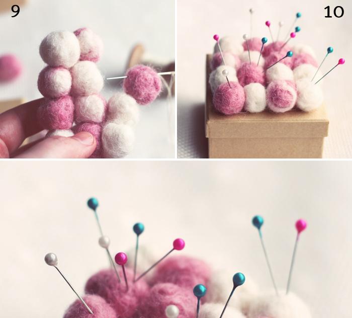 Coser als bolas de fieltro para dar forma al alfiletero
