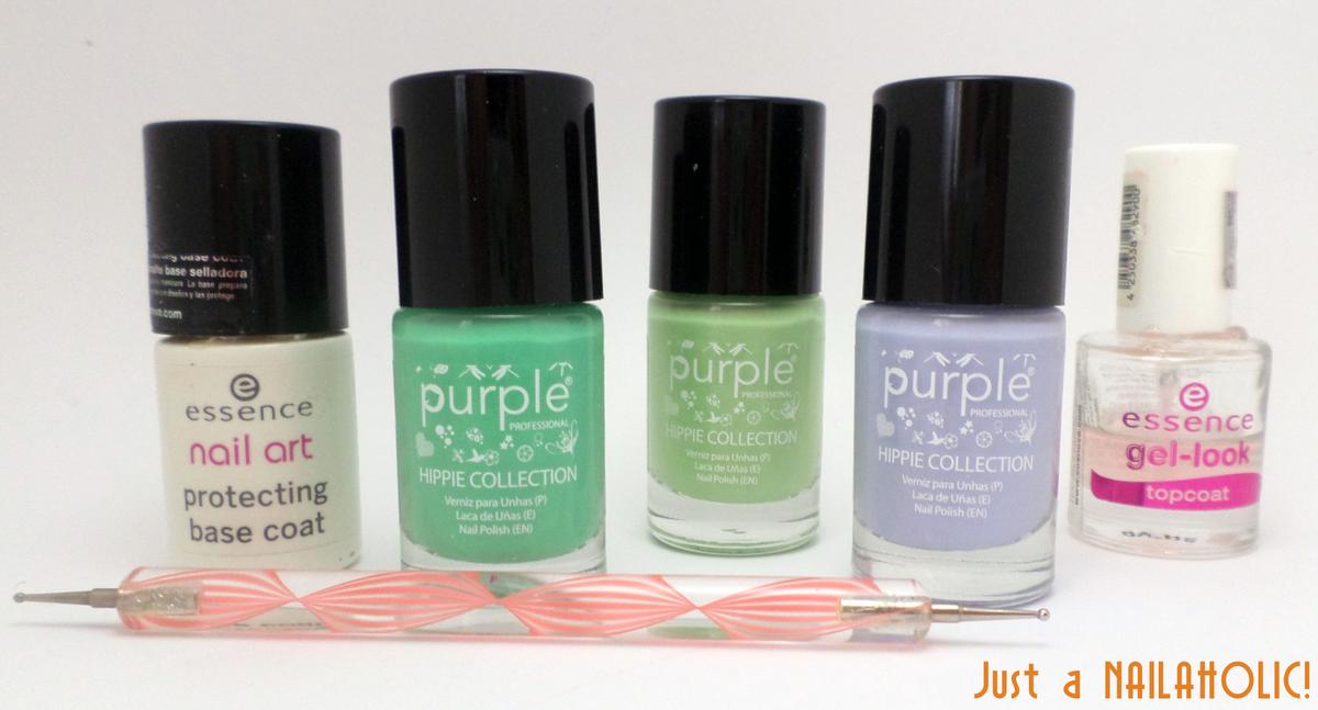 Protecting base coat (Essence), 91 Peace and love (Purple Professional), 92 Freedom (Purple Professional), 95 Make love, not war (Purple Professional), Gel-look top coat (Essence)