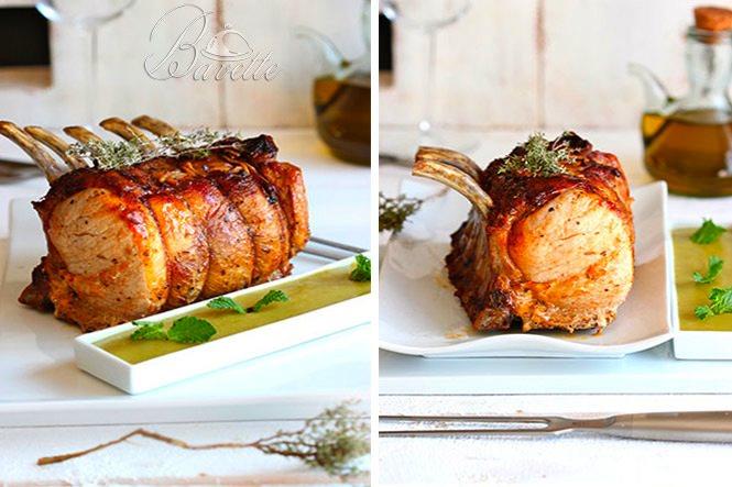 Lomo de cerdo asado y puré de guisantes con menta
