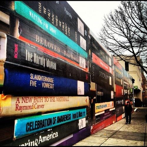Wall of books in Portland.