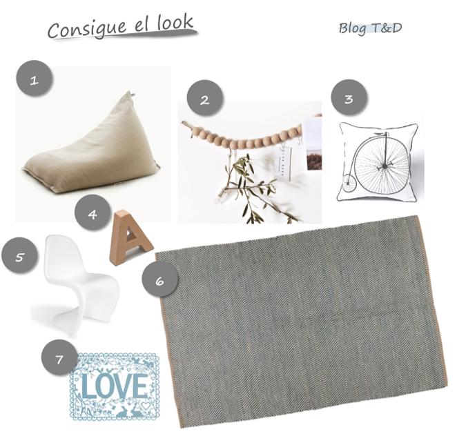 Puff1 - Colgador bolas 2 - Cojín bicicleta 3 - Letra A 4 - Silla Panton 5 - Alfombra 6 - Lámina Love 7