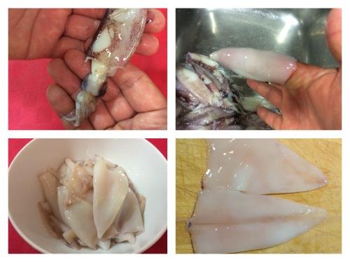 Limpiando y cortando los calamares