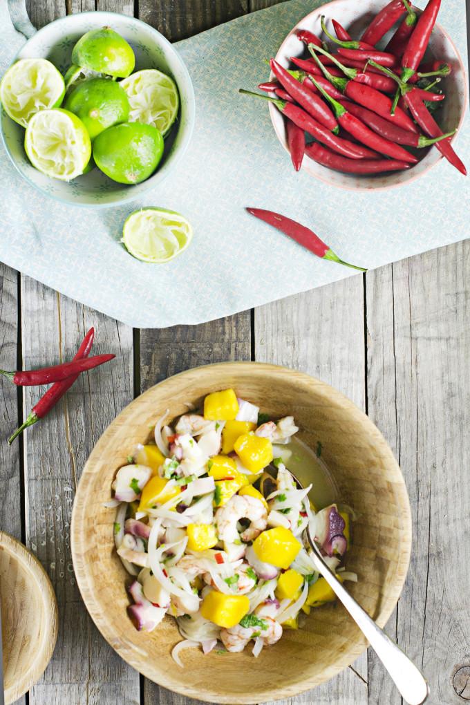 receta de ceviche con gambas, pulpo y mango