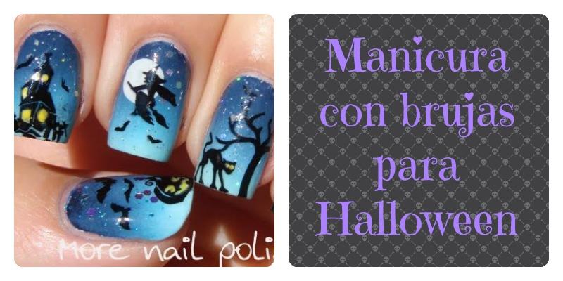 Manicura con brujas y gatos para Halloween