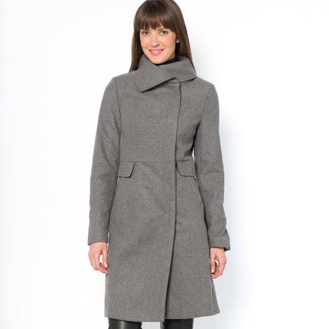 Abrigo con cuello envolvente asimétrico paño de lana