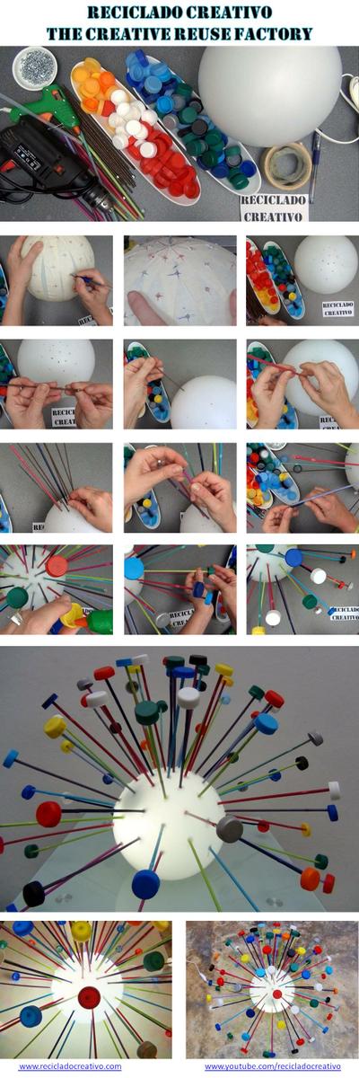 Lámpara realizada reutilizando tapones de plástico de colores. Reciclado Creativo