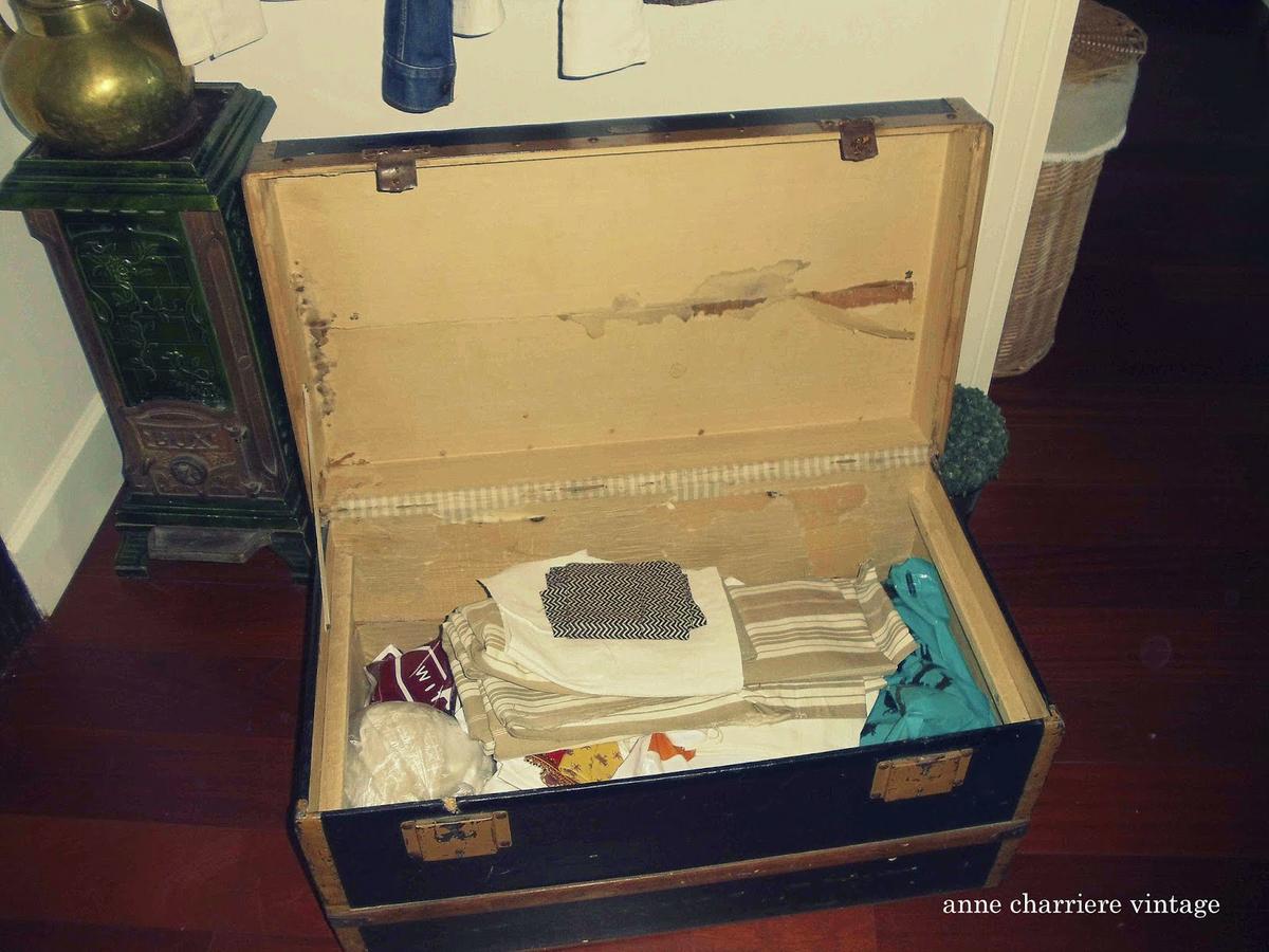 anne charriere, forrar baúl antiguo, tela, papel,