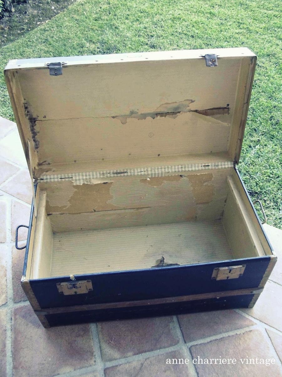 anne charriere, forrar baúl antiguo, tela, papel,