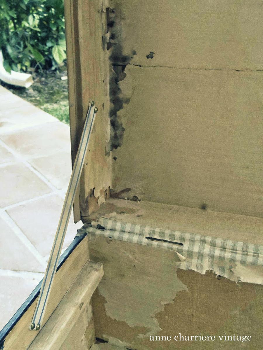 anne charriere, forrar baúl antiguo, tela, papel,