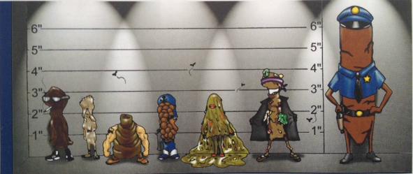 De derecha a izquierda (el policía, el exhibicionista, diarrhella, munición, el culturista, el nadador olímpico, Mr. Apestoso)