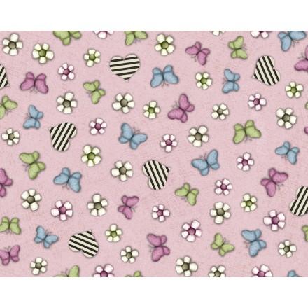 Tela Gorjuss estampado mariposas, flores y corazones fondo rosa