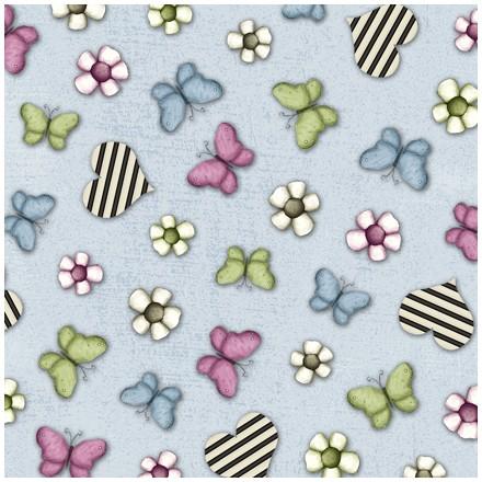 Tela Gorjuss estampado mariposas, flores y corazones fondo azul