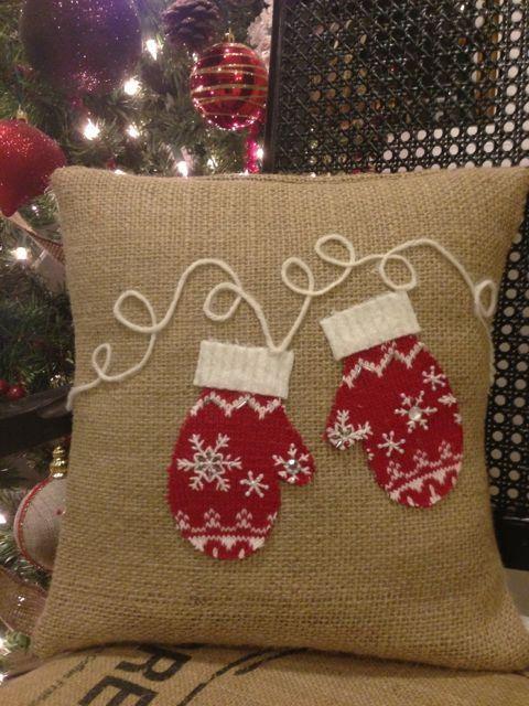 hand crafted burlap pillow with mittens made from recycled wool sweaters #thelittlegreenbean #indigo #magicalholiday.