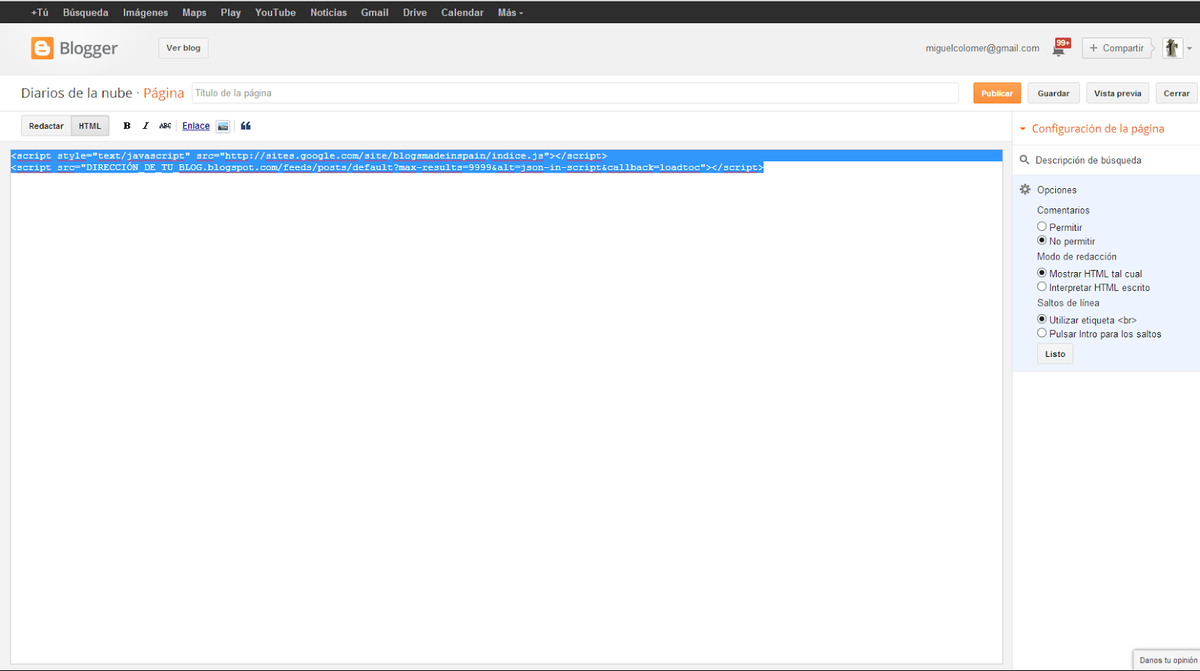 Editar el código HTML de una entrada en Blogger