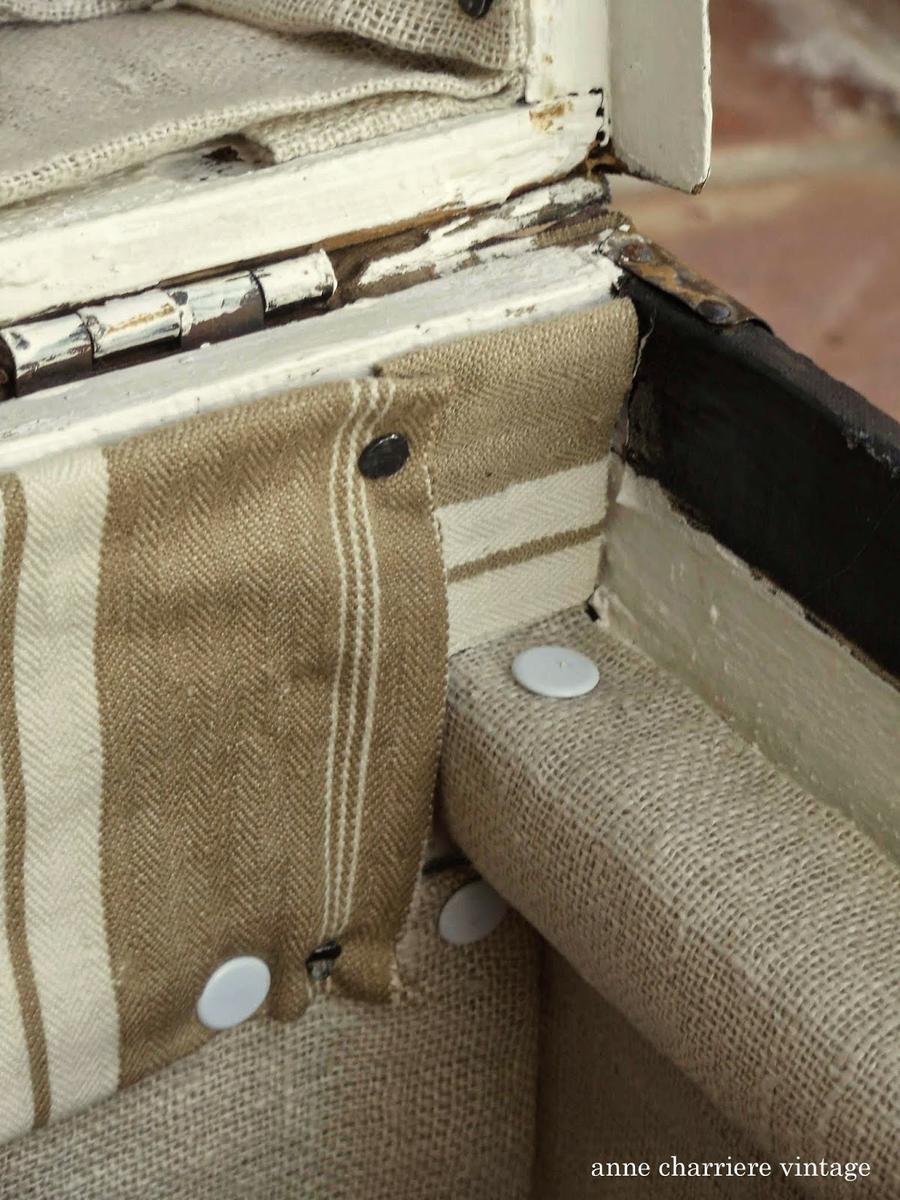 anne charriere, forrar baúl, line old trunk, habiller vieille malle, 