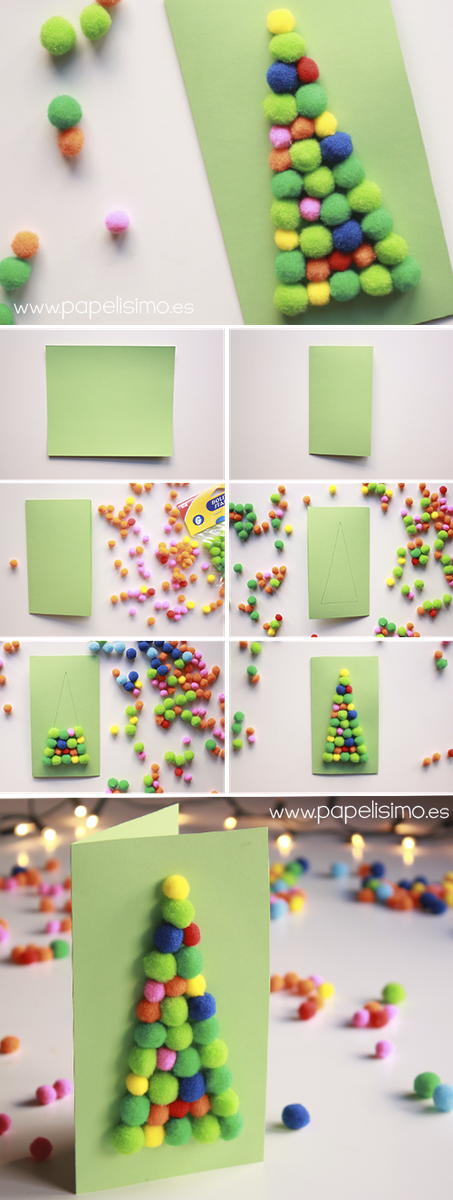 tarjetas de navidad hechas a mano originales arbol de pompones paso a paso