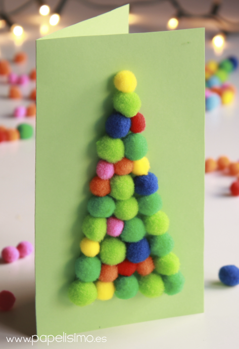 tarjetas de navidad niños hechas a mano originales arbol de pompones