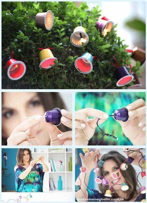 guirnalda con luces para el árbol con capsulas de nespresso