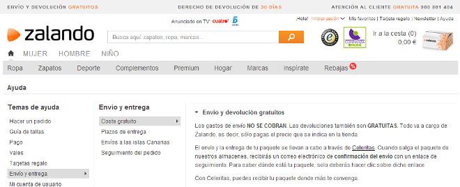 pantallazo de la web de Zalando