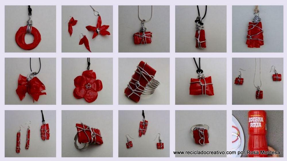 colgante y pendientes de color rojo con una botella de pllástico