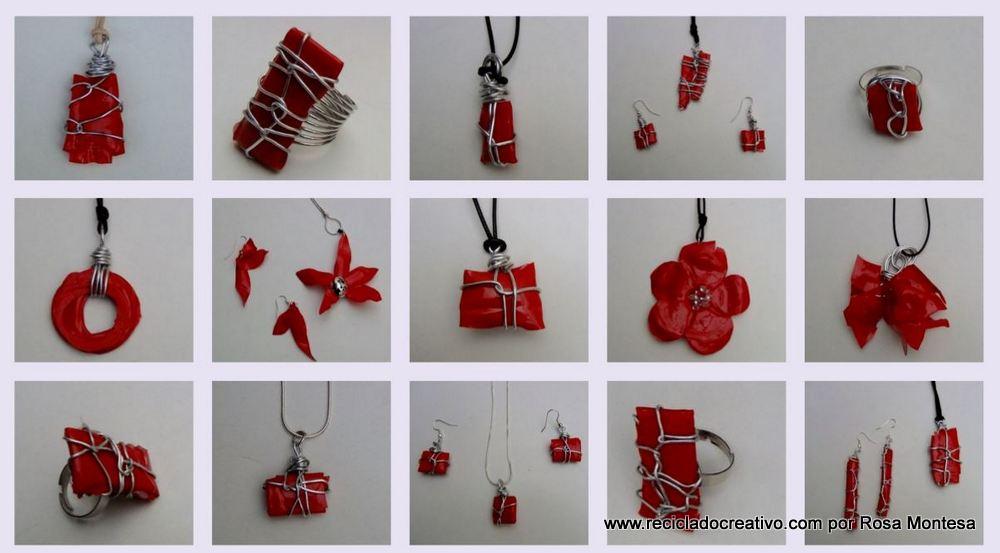 colgante y pendientes de color rojo con una botella de pllástico