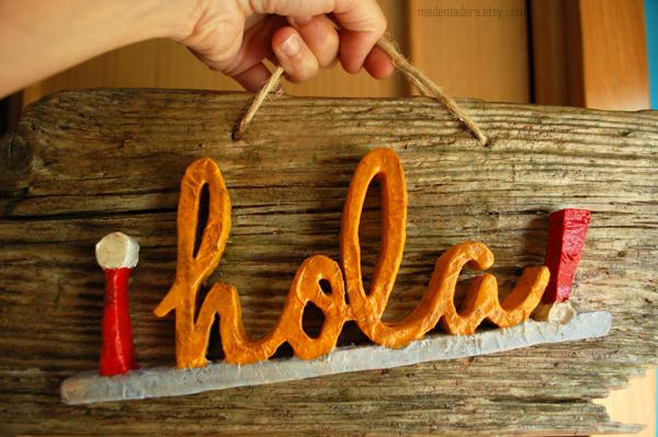 Hola Bienvenido Madera Letrero Wood Vintage Recycled Handmade Rustic Hello House Rústico Hecho a mano