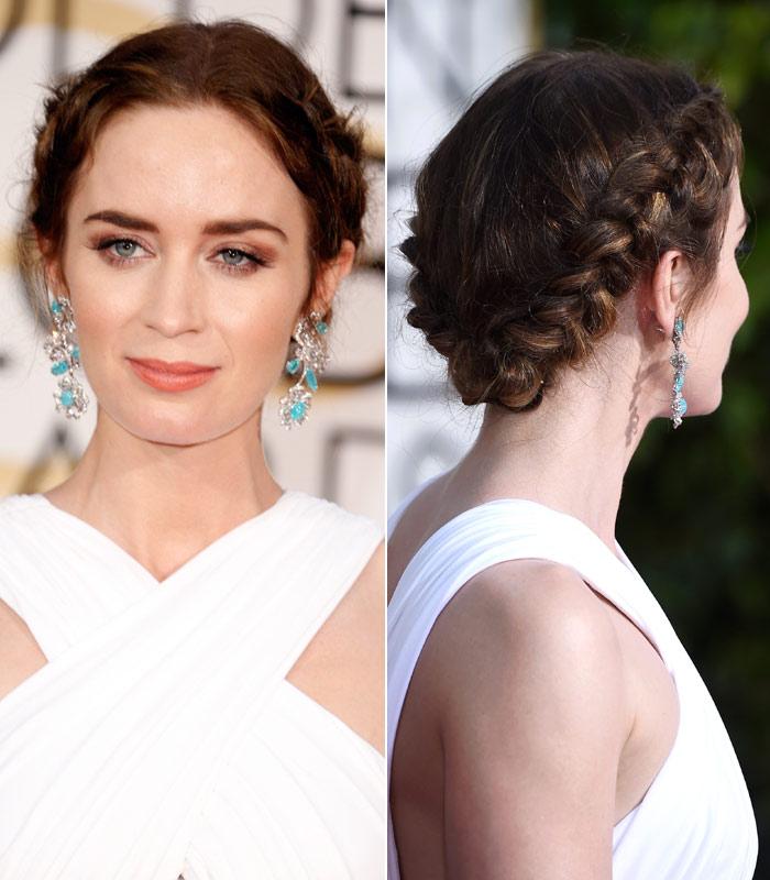 Emily Blunt recogido con trenzas Globos de oro 2015
