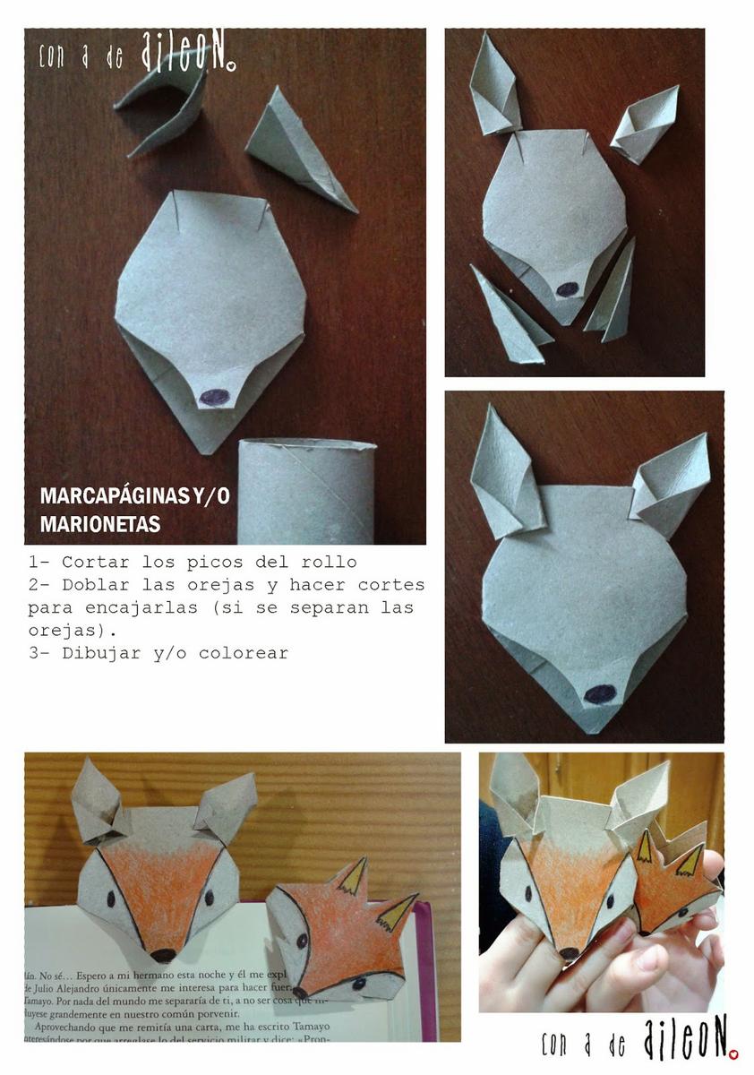 Marcapágina-marioneta zorro con tubos de cartón